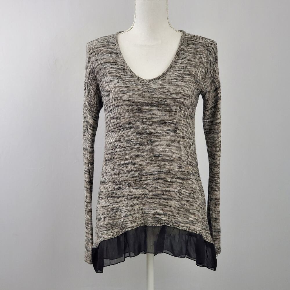 Cupio Gray Marled Knit Sweater Top Black Chiffon Ruffle Hem Hi-Lo S Mixed Media